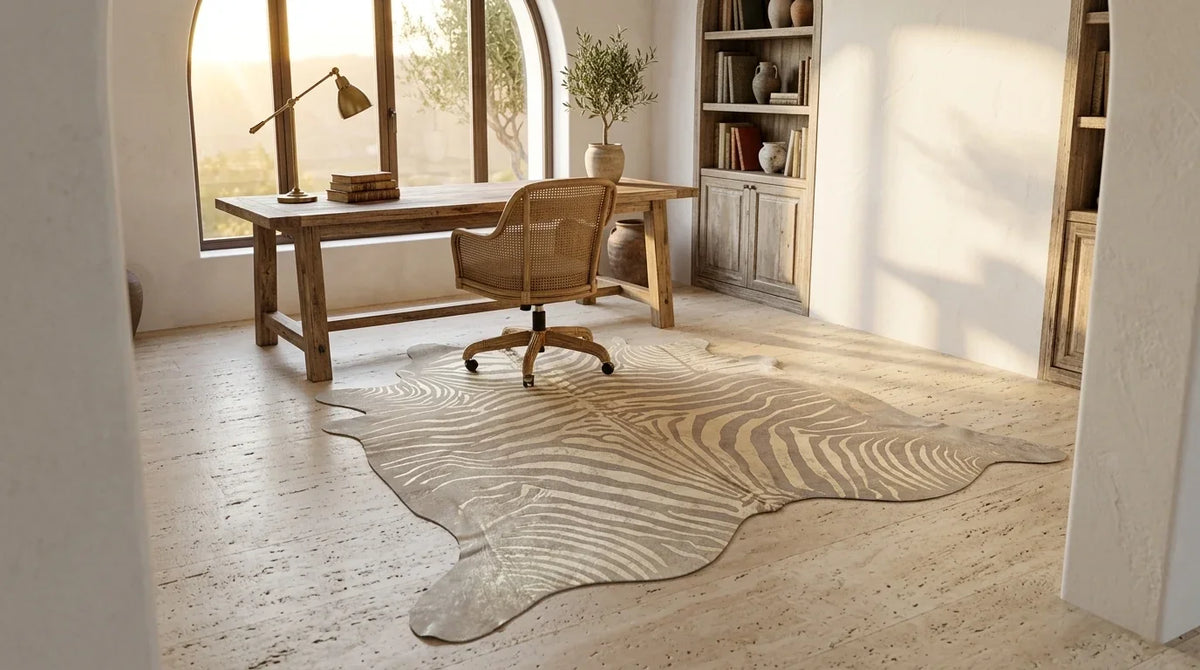 Beige and Grey cowhide rug under desk in organic mediterranean home office