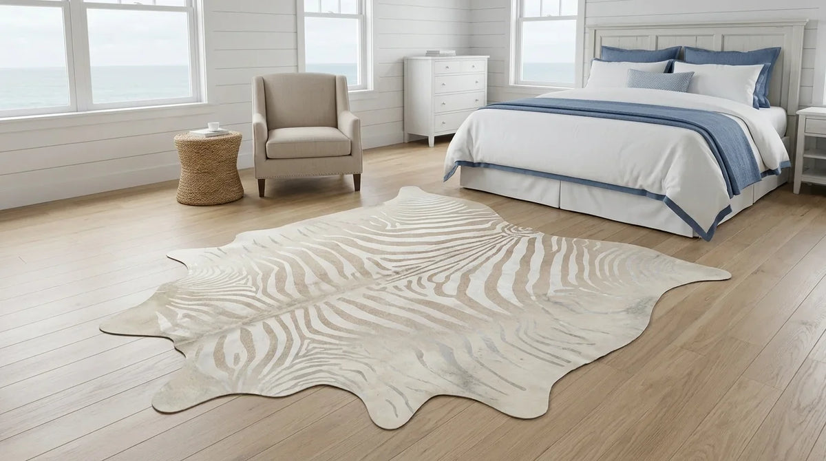 Beige and White cowhide rug beside bed in hamptons coastal bedroom