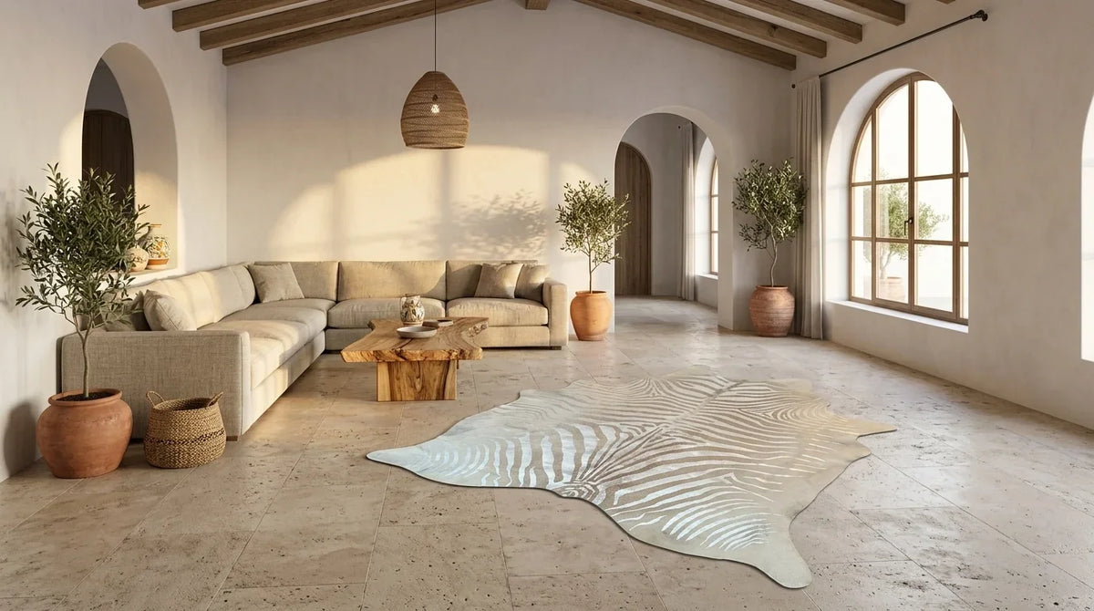 Beige and White cowhide rug on hardwood floor in organic mediterranean living room