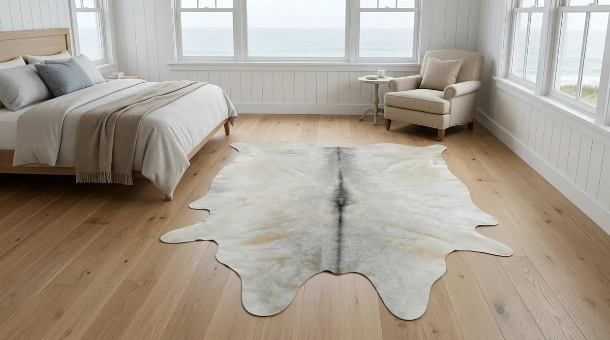 Beige cowhide rug beside bed in Hamptons Coastal bedroom