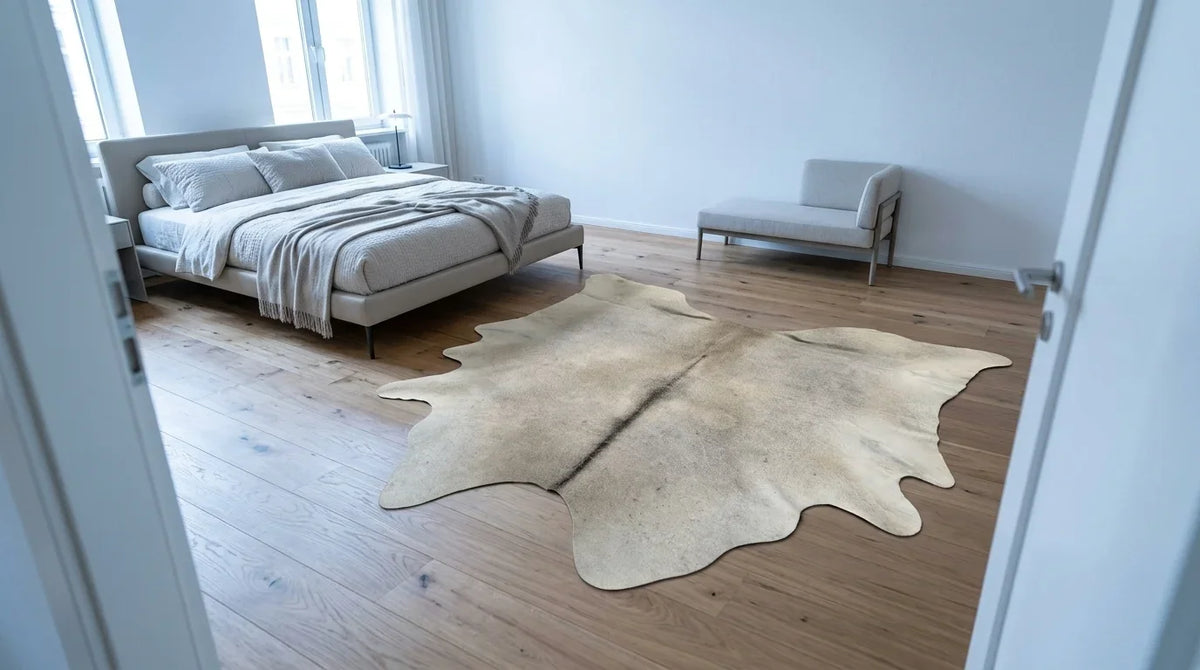 Beige cowhide rug beside bed in contemporary european bedroom