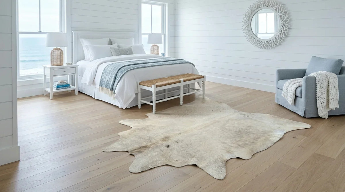 Beige cowhide rug beside bed in hamptons coastal bedroom
