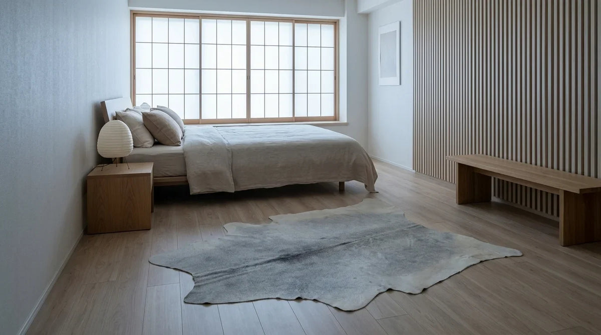 Beige cowhide rug beside bed in tokyo minimal bedroom