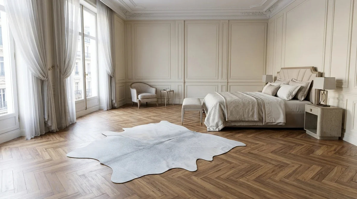 Beige cowhide rug beside bed in parisian artdeco bedroom
