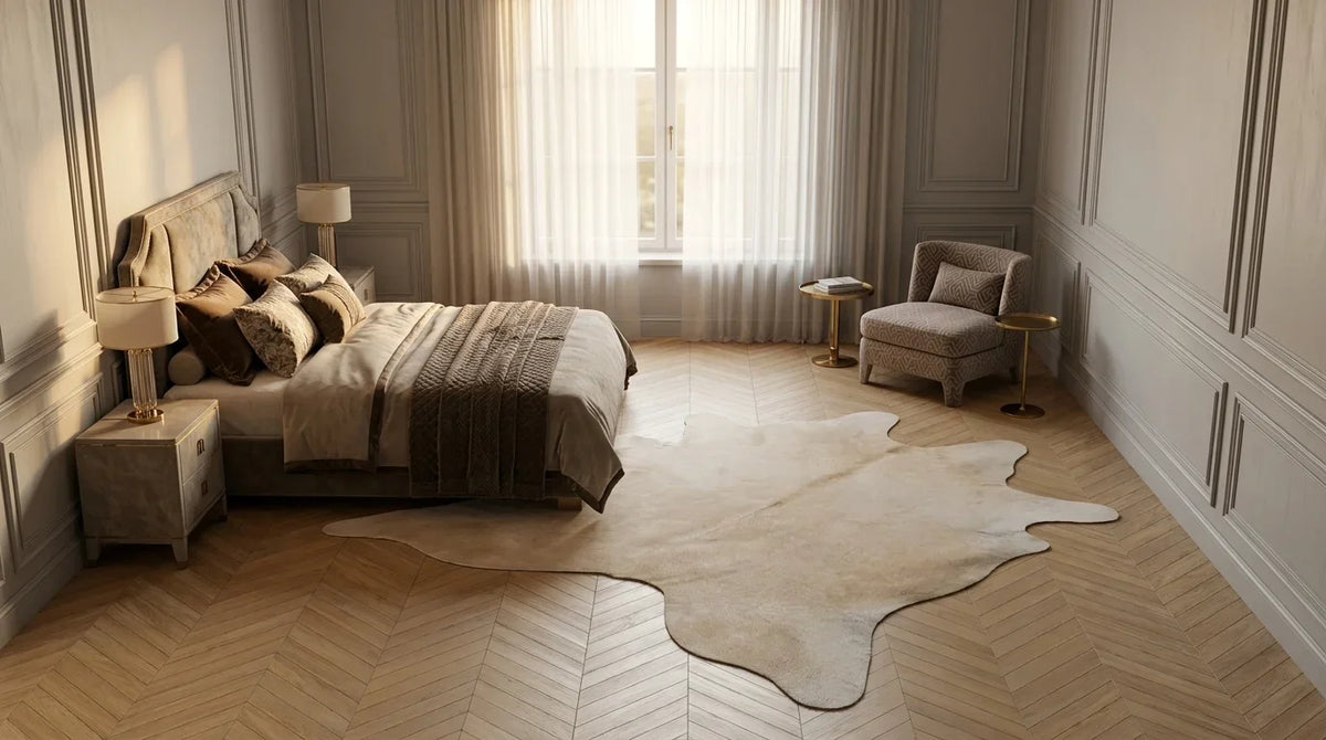 Beige cowhide rug beside bed in parisian artdeco bedroom