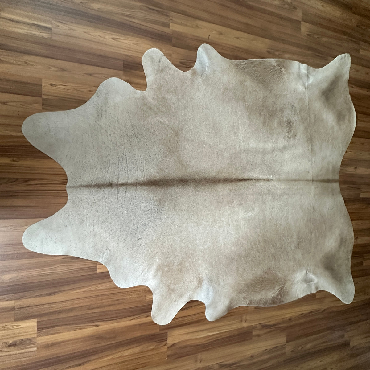 Beige cowhide rug, full overhead view — Soft cream base with light tan and gray natural markings
