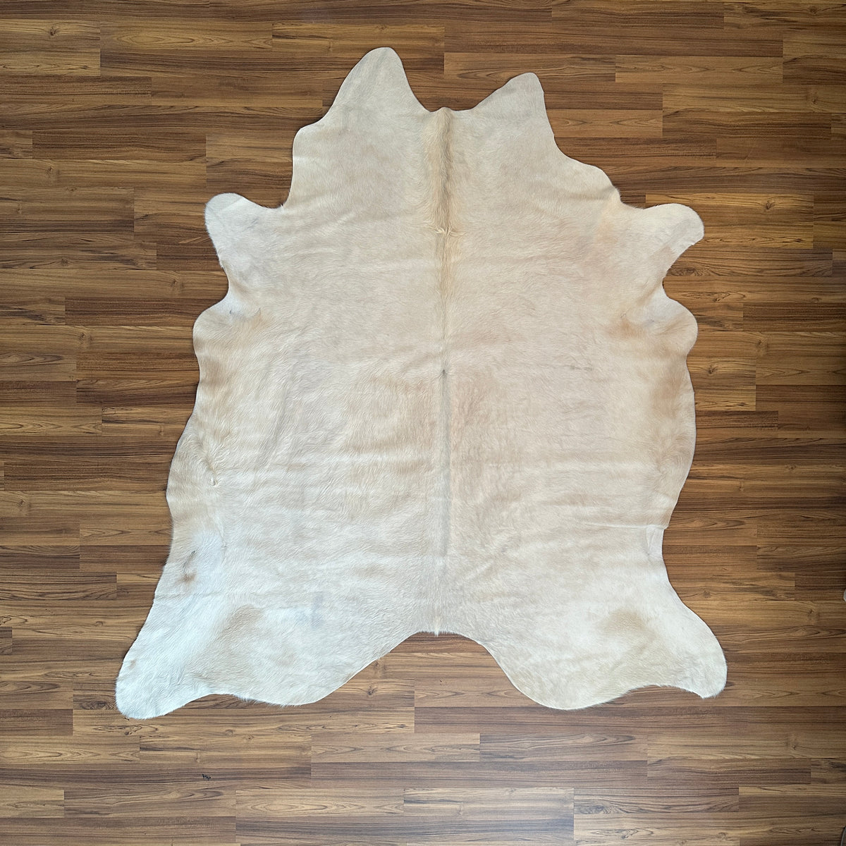 Beige cowhide rug, full overhead view — Subtle cream and off-white natural markings over pale ivory base