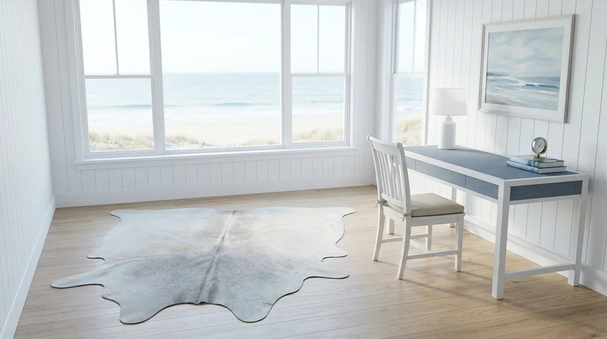 Beige cowhide rug under desk in Hamptons Coastal home office