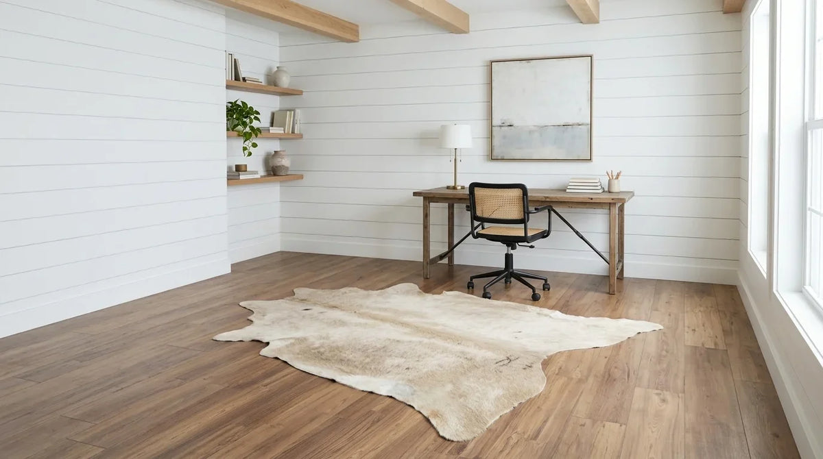 Beige cowhide rug under desk in modern farmhouse home office