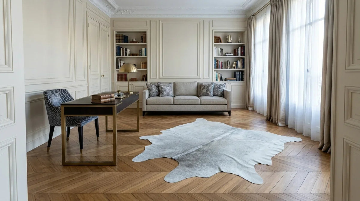 Beige cowhide rug under desk in Parisian Artdeco home office