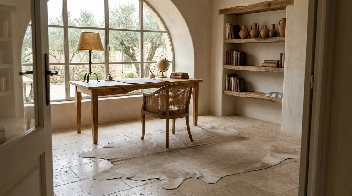 Beige cowhide rug under desk in Organic Mediterranean home office