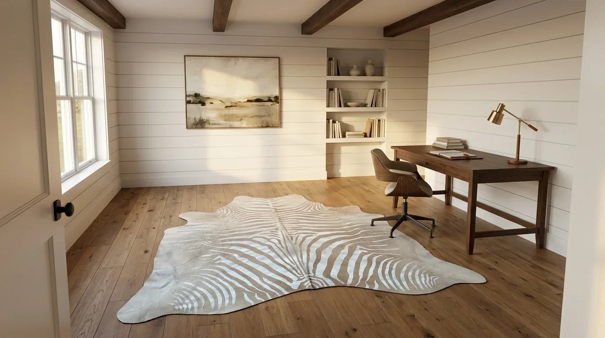 Beige cowhide rug under desk in modern farmhouse home office