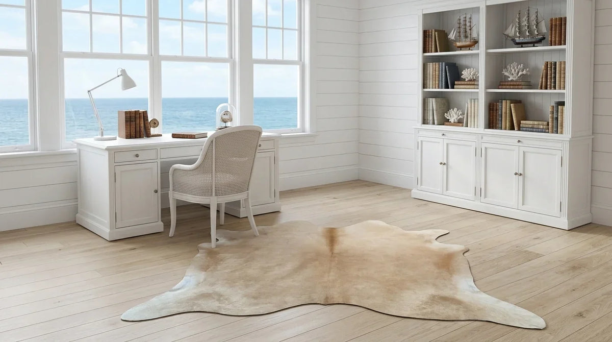 Beige cowhide rug under desk in hamptons coastal home office