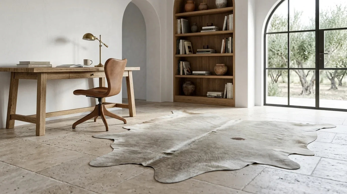 Beige cowhide rug under desk in Organic Mediterranean home office