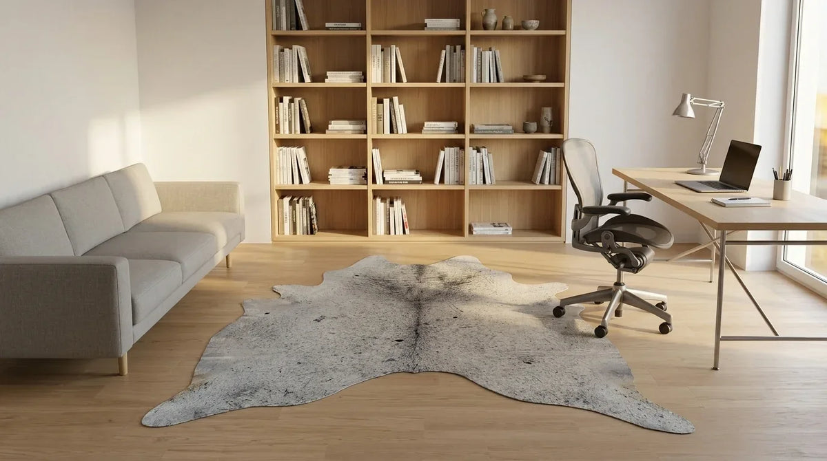 Beige cowhide rug under desk in contemporary european home office