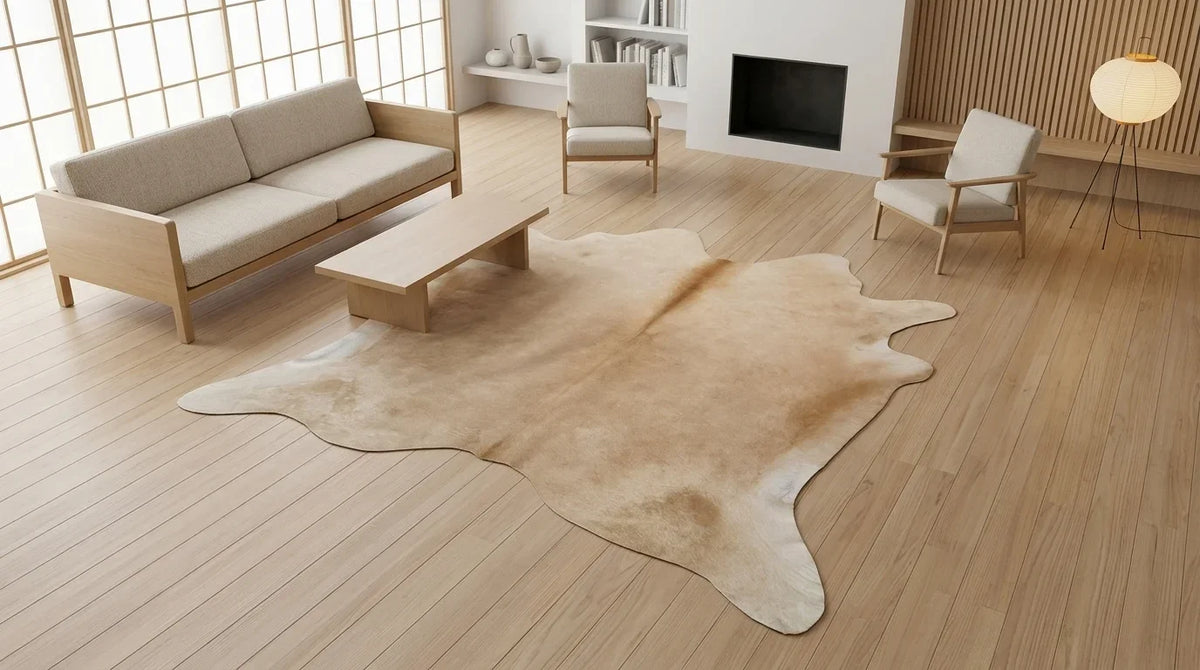 Beige cowhide rug on hardwood floor in tokyo minimal living room