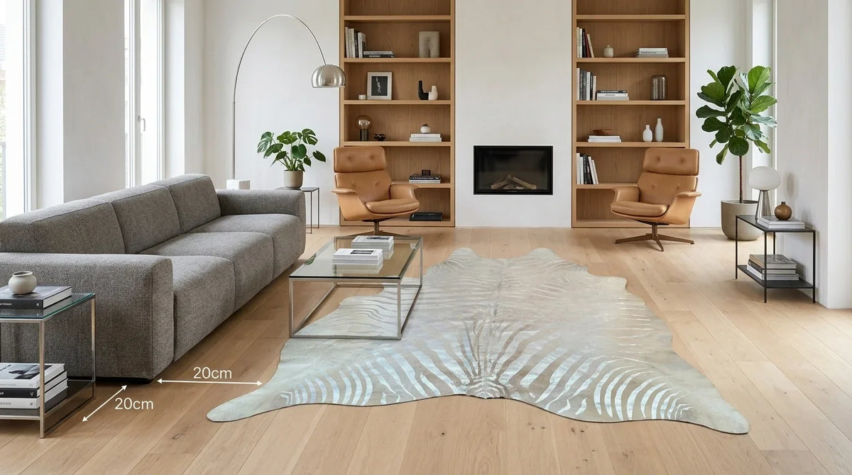 Beige cowhide rug on hardwood floor in contemporary european living room