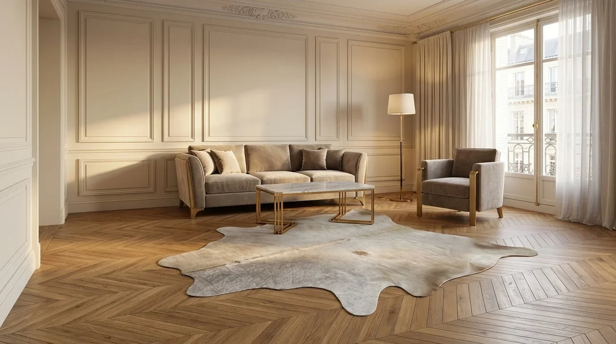 Beige cowhide rug on hardwood floor in parisian artdeco living room