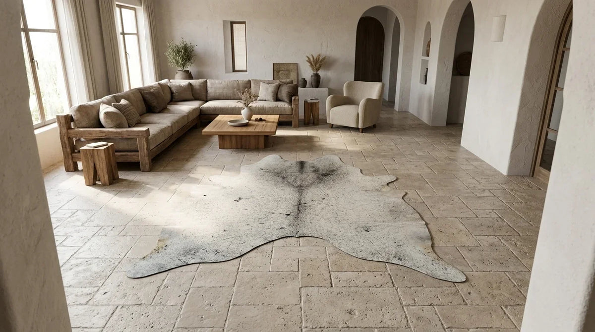 Beige cowhide rug on hardwood floor in organic mediterranean living room