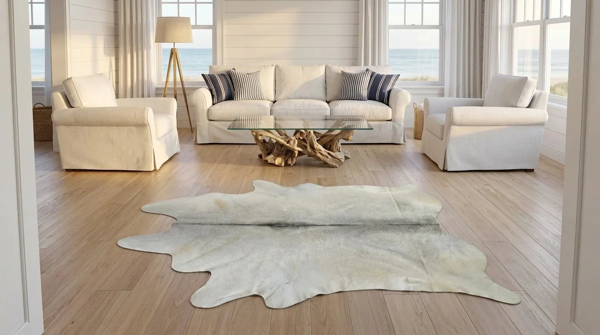 Beige cowhide rug on hardwood floor in Hamptons Coastal living room