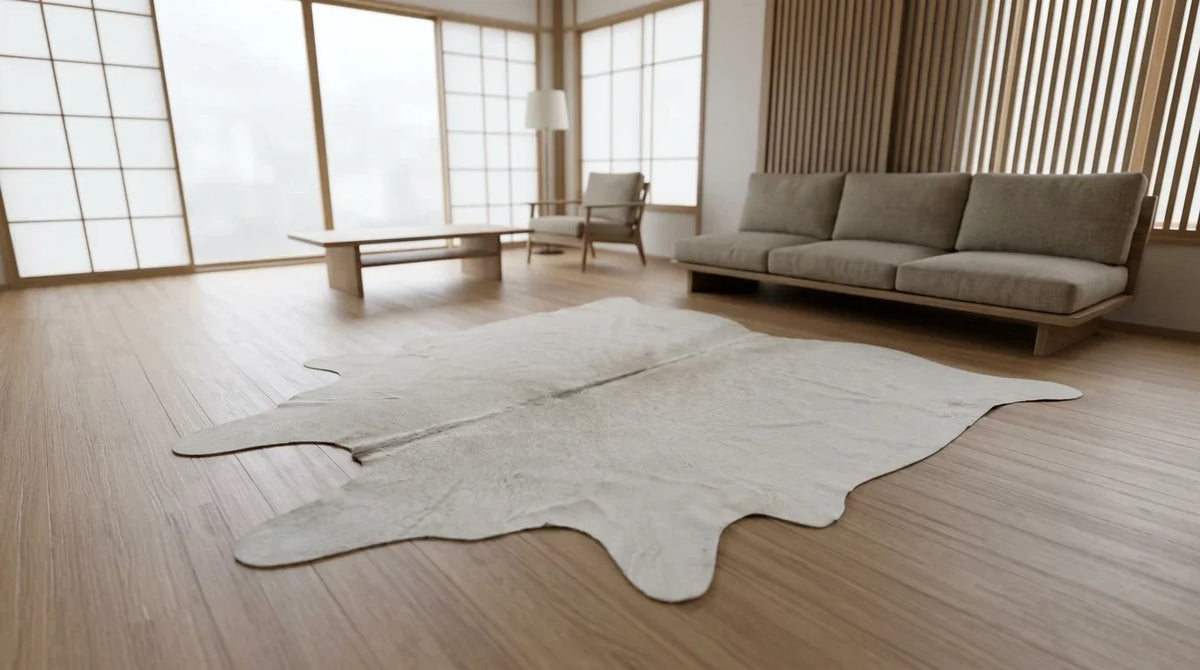 Beige cowhide rug on hardwood floor in tokyo minimal living room