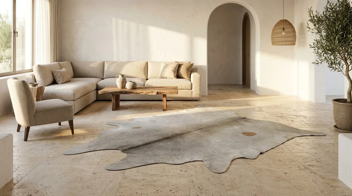 Beige cowhide rug on hardwood floor in organic mediterranean living room