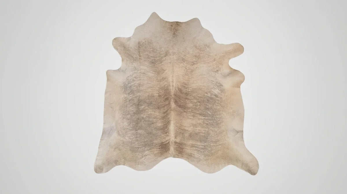 Beige cowhide rug flat lay on white background showing full hide shape