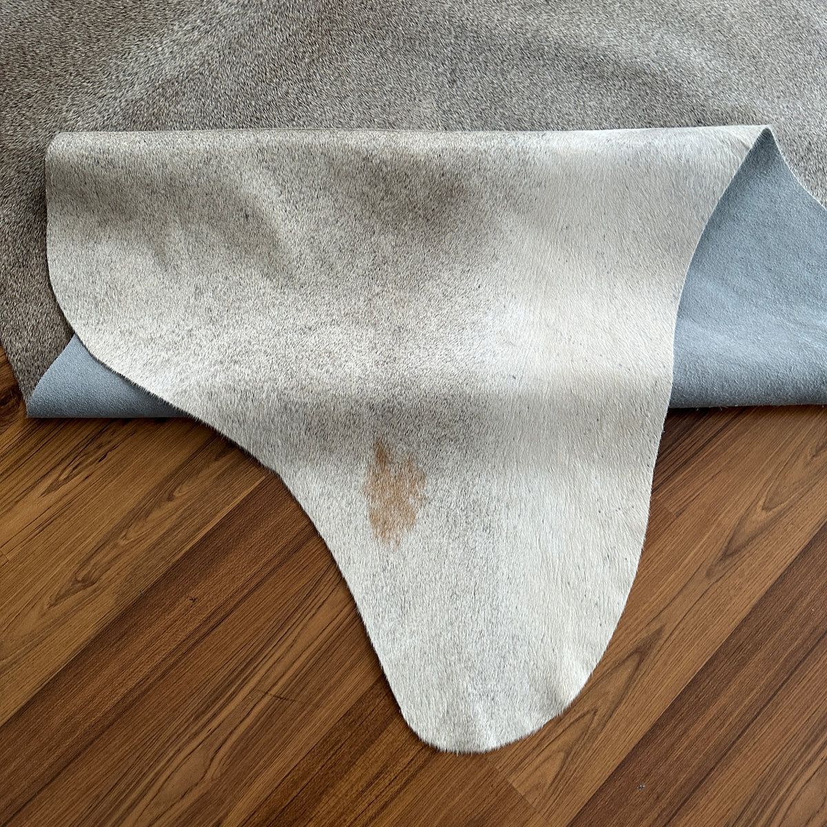 Close-up texture of Beige cowhide rug — Soft cream base with light gray-brown undertones and natural irregular markings