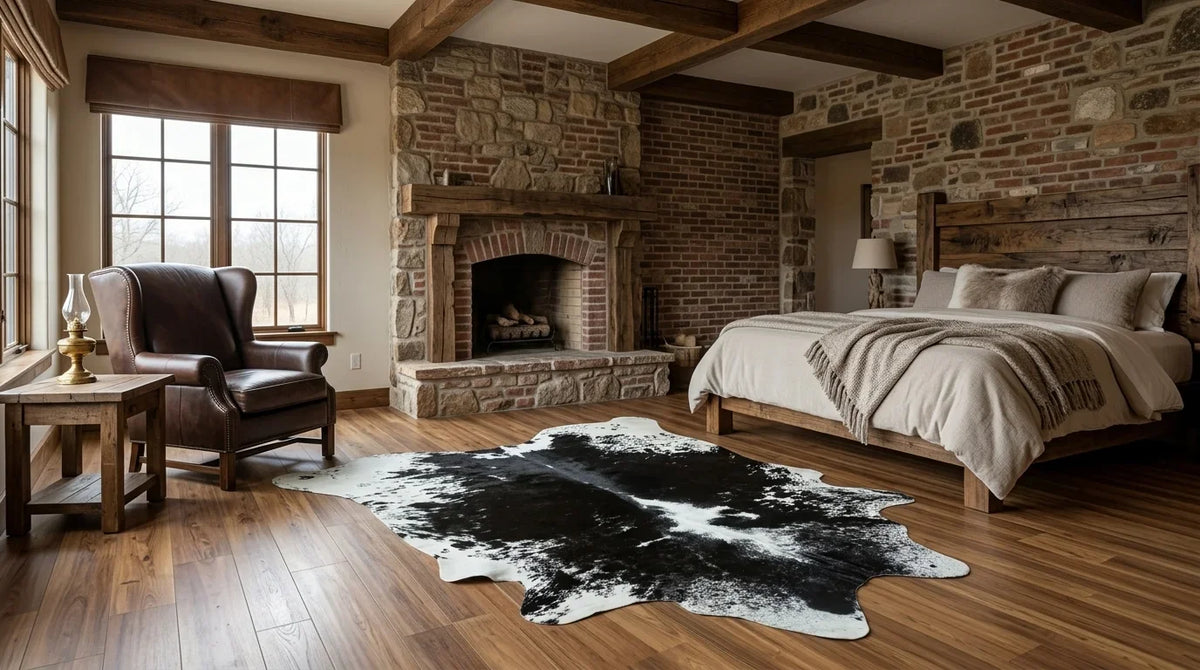 Black and White cowhide rug beside bed in texas ranch bedroom