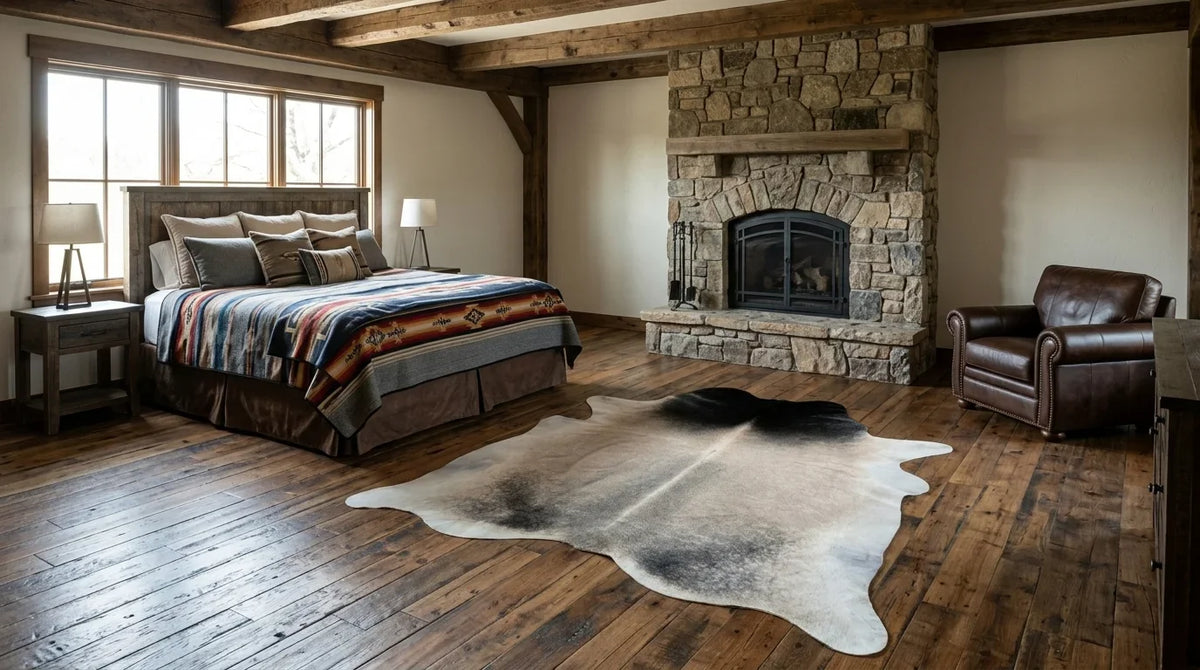 Black and White cowhide rug beside bed in texas ranch bedroom