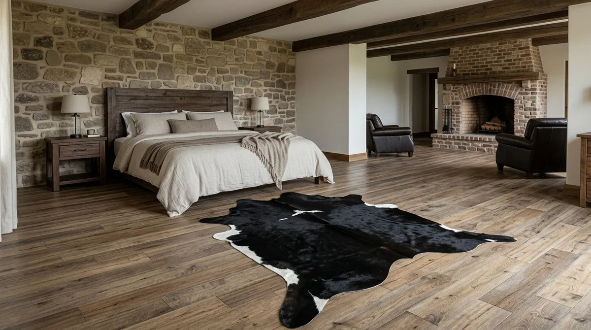 Black and White cowhide rug beside bed in texas ranch bedroom