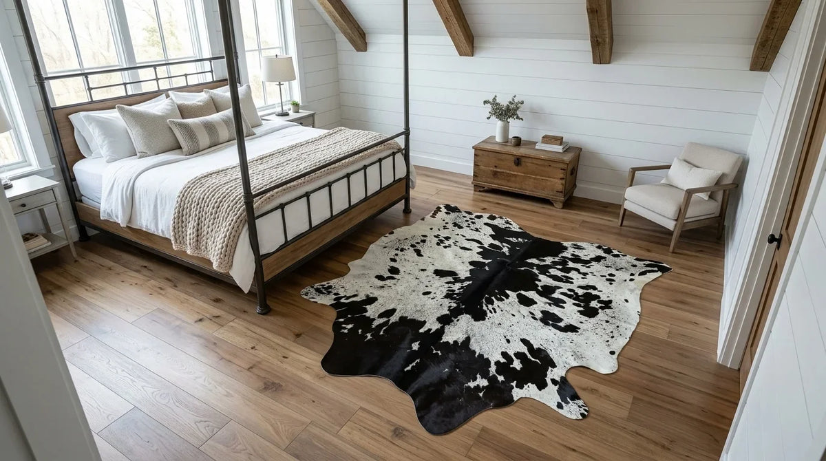 Black and White cowhide rug beside bed in modern farmhouse bedroom
