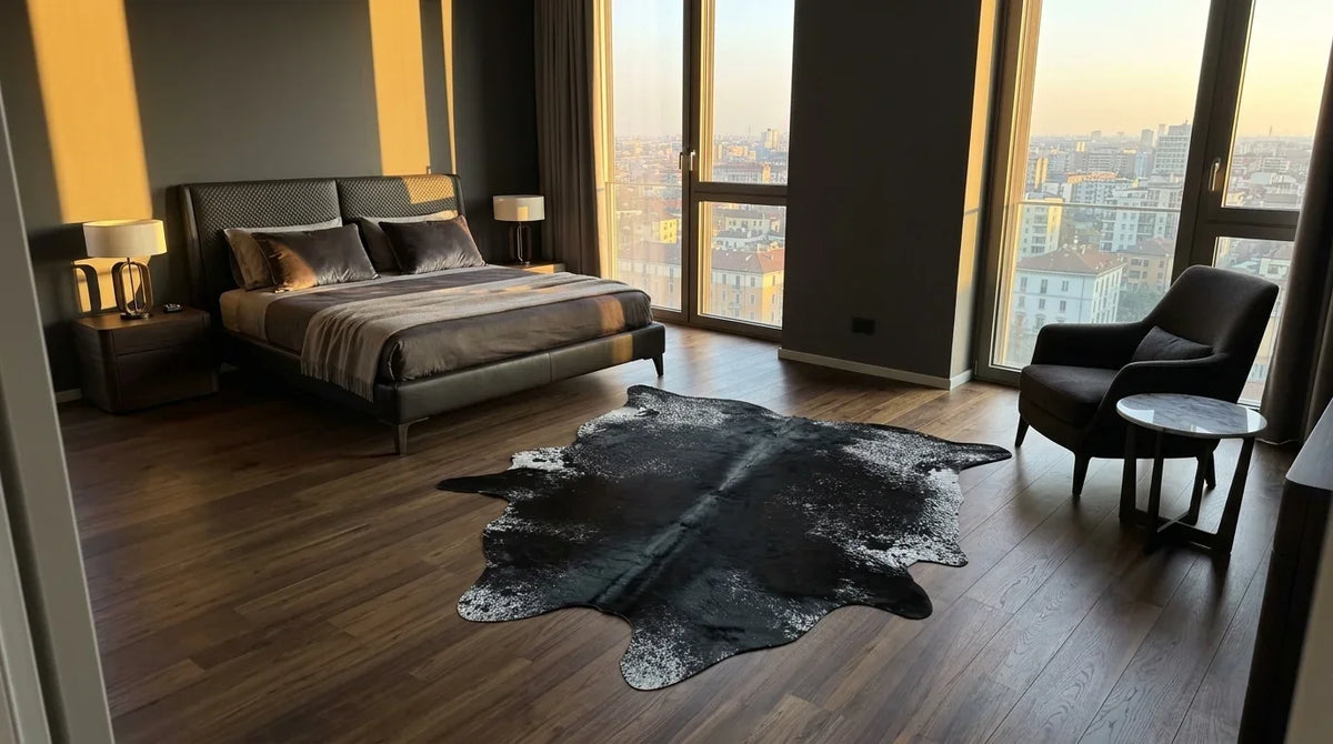 Kuhfell in Grau mit Salt-and-Pepper-Muster im Schlafzimmer im Mailänder Penthouse-Stil