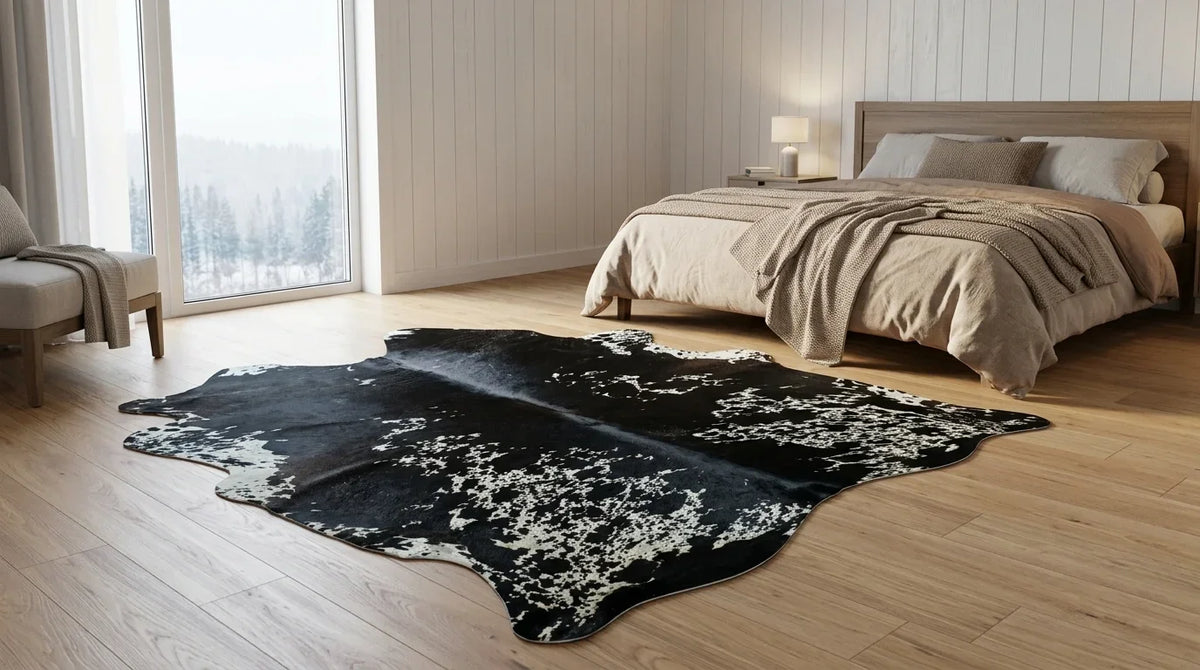 Black and White cowhide rug beside bed in scandinavian cabin bedroom