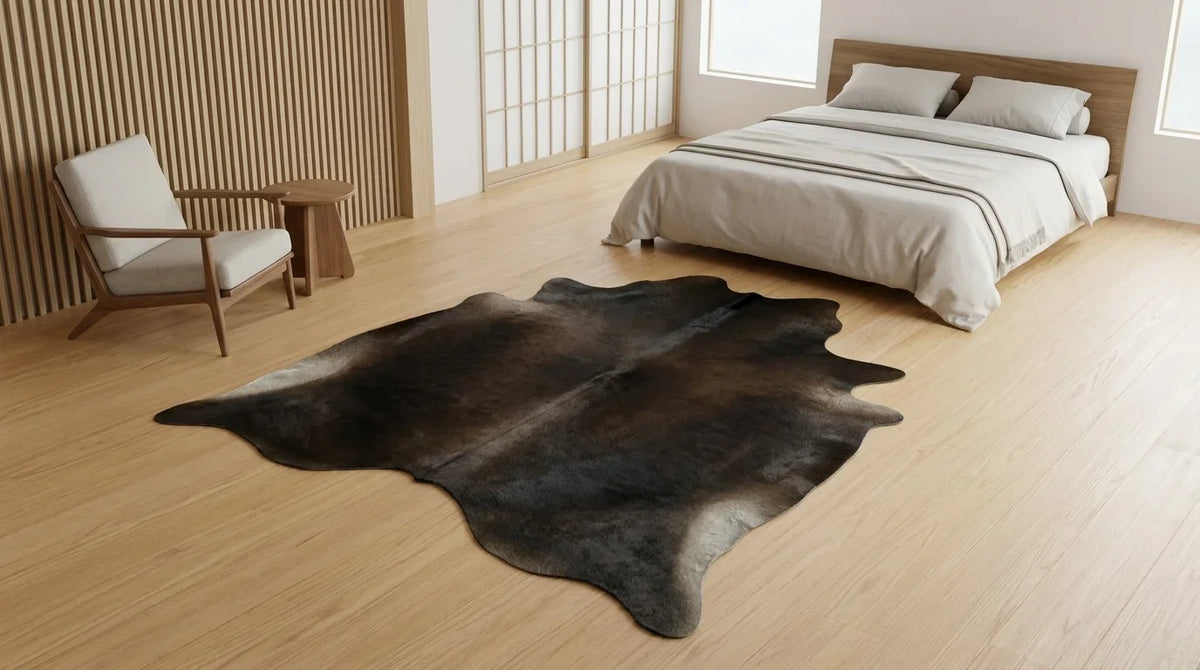 Black and White cowhide rug beside bed in tokyo minimal bedroom