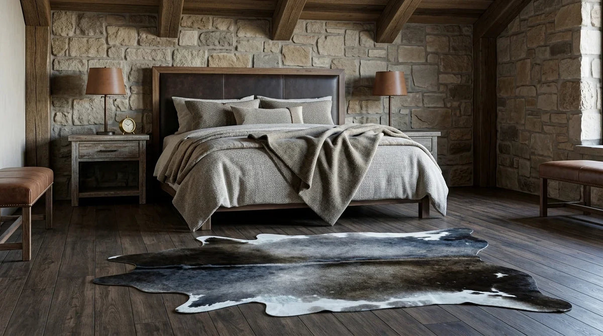 Black and White cowhide rug beside bed in texas ranch bedroom