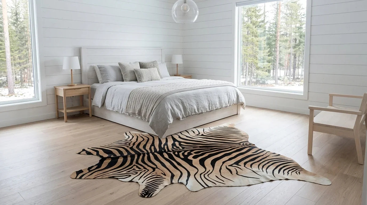 Black and White cowhide rug beside bed in scandinavian cabin bedroom