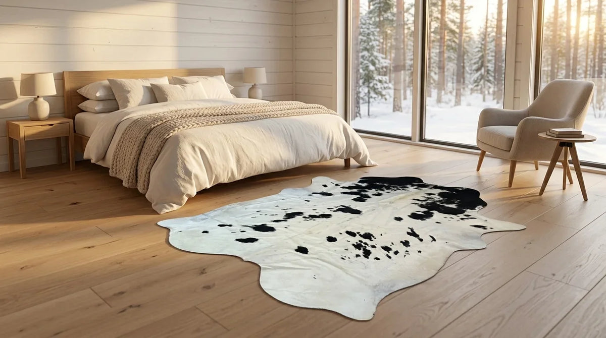 Black and White cowhide rug beside bed in scandinavian cabin bedroom