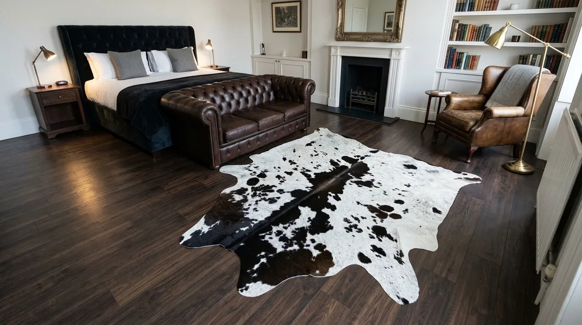 Black and White cowhide rug beside bed in london townhouse bedroom