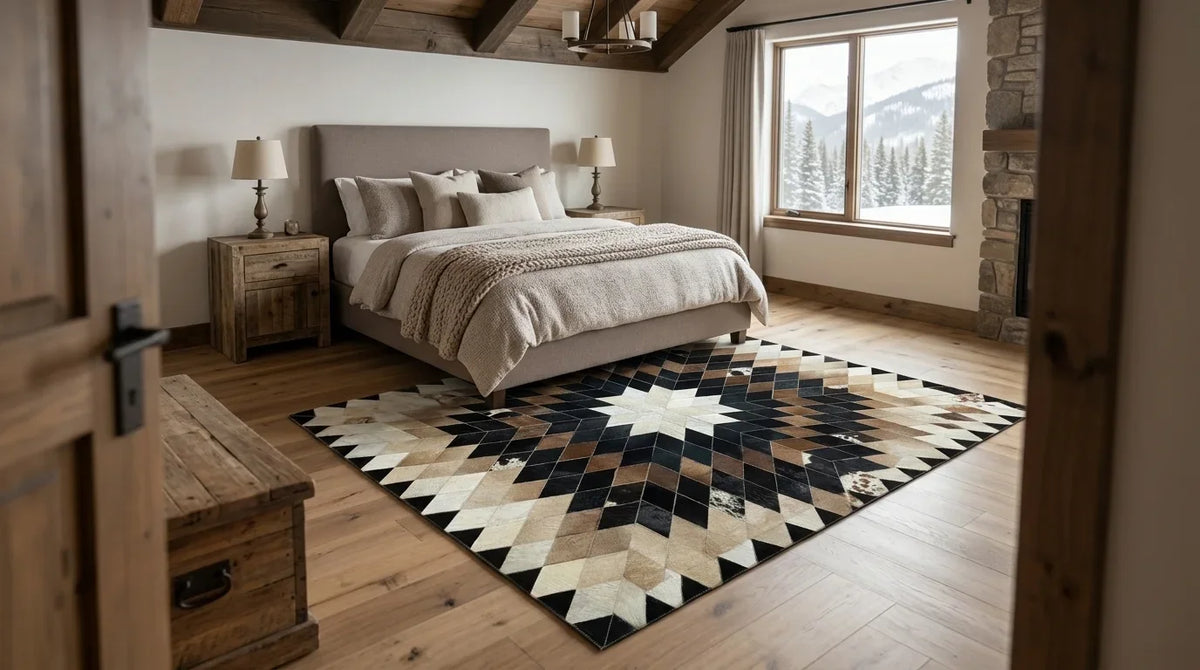 Modern dağ evi tarzı yatak odasında siyah beyaz patchwork halı