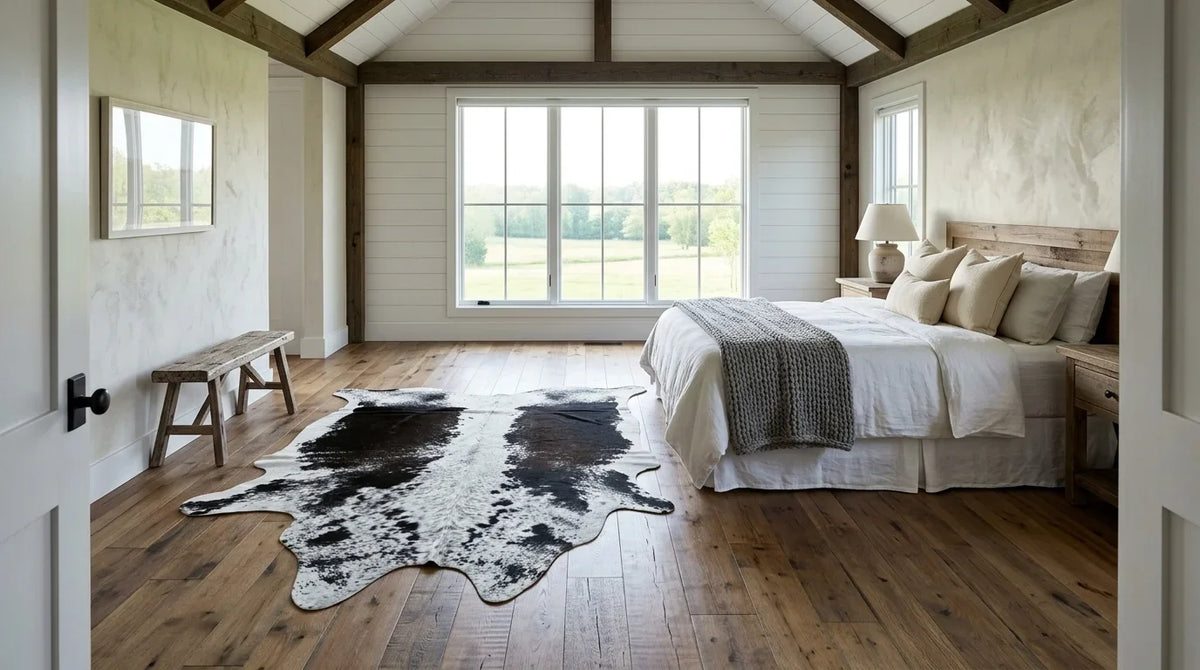 Black and White cowhide rug beside bed in modern farmhouse bedroom