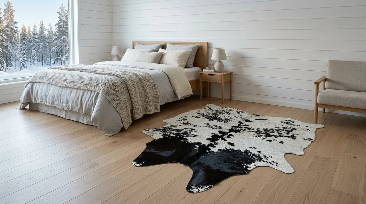 Black and White cowhide rug beside bed in scandinavian cabin bedroom