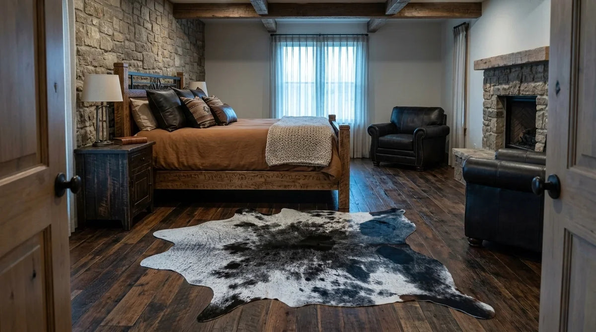 Black and White cowhide rug beside bed in texas ranch bedroom