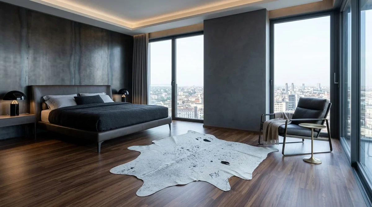 Black and White cowhide rug beside bed in milano penthouse bedroom