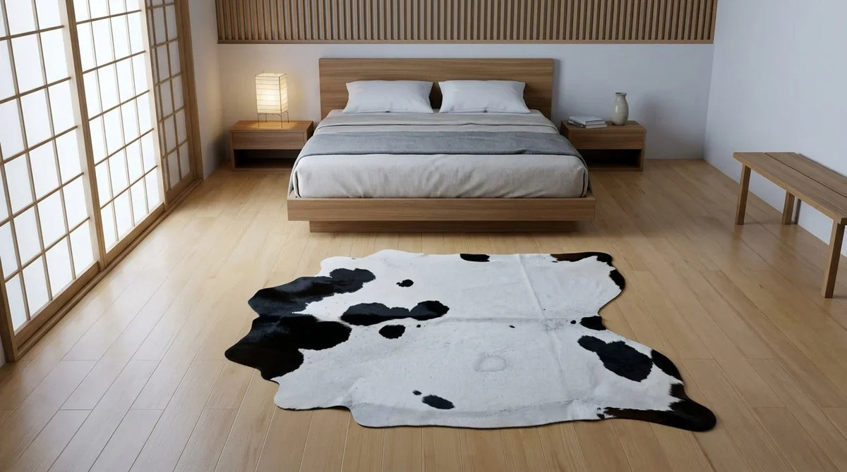 Black and White cowhide rug beside bed in tokyo minimal bedroom