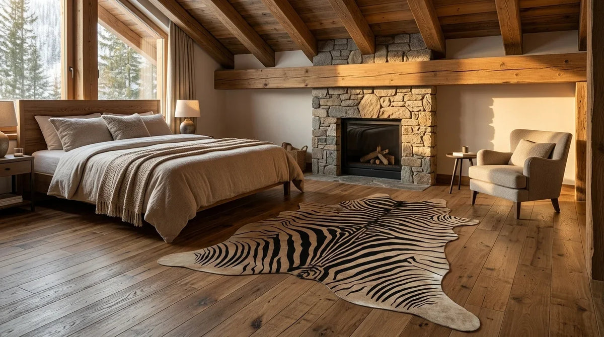 Black and White cowhide rug beside bed in modern chalet bedroom