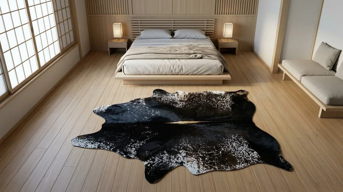 Black and White cowhide rug beside bed in tokyo minimal bedroom