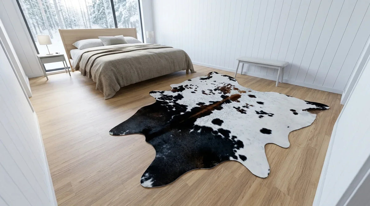 Black and White cowhide rug beside bed in scandinavian cabin bedroom