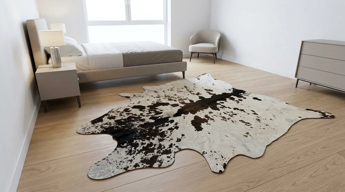 Black and White cowhide rug beside bed in contemporary european bedroom