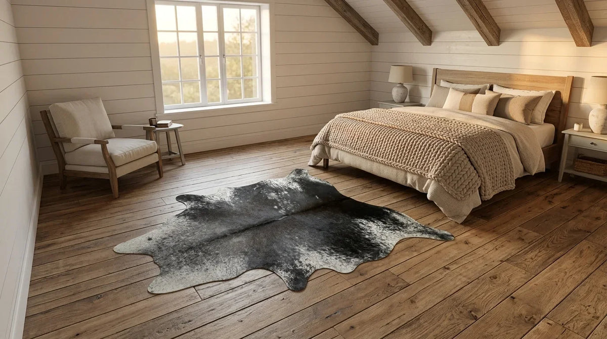 Black and White cowhide rug beside bed in modern farmhouse bedroom